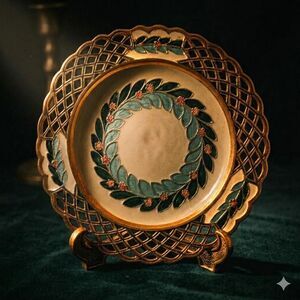 Vintage Enameled Brass Wall Plate – Laurel Wreath Lattice Rim Catchall